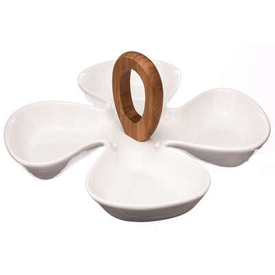 Bowl Con Asas Madera Para Servir 4 Compartimentos  De Porcelana