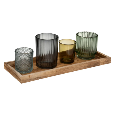 Set De Bandeja De Madera Con 4 Portavelas De Vidrio