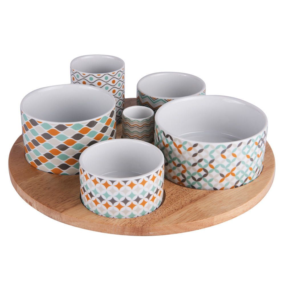 Tabla De Madera Giratoria Con Set de 6 Bowls Redondos (Diseños)  De Cerámica