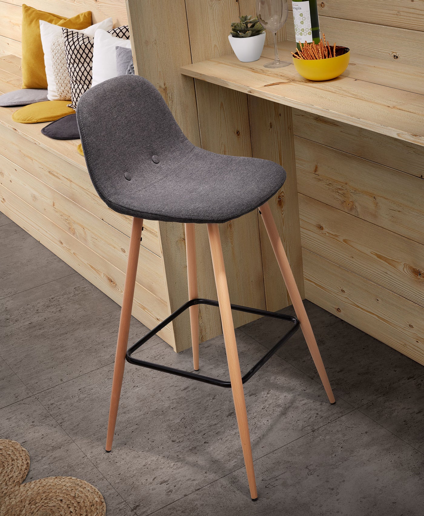 Silla Para Bar (Gris Oscuro) Con Estructura De Acero Y Madera