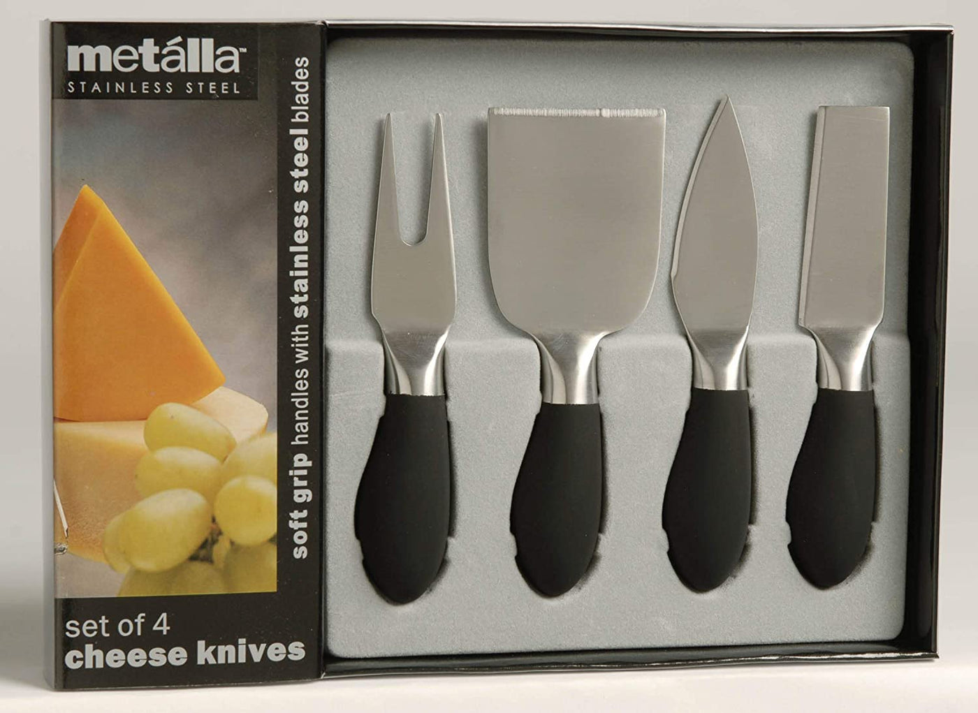 Set de 4 Cuchillos Mango Negro Para Untar Queso De Acero